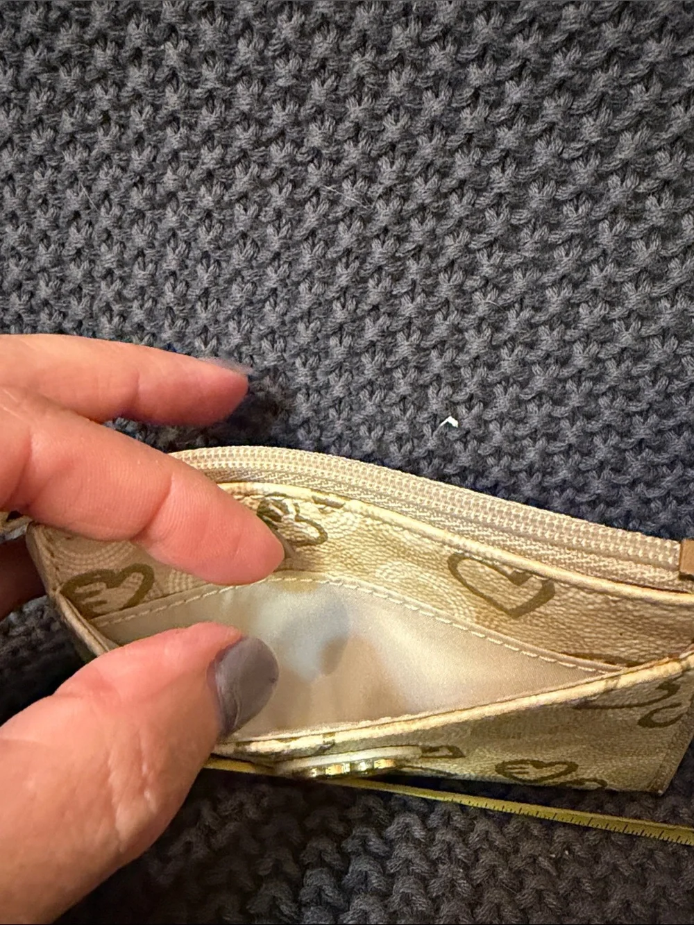 Coach Pink Beige Heart Zip Card Case with Gold Accent